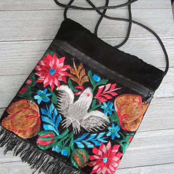 Black Velvet with Embroidery Small Shoulder Bag with Black Fringe - Picture 2 of 5
